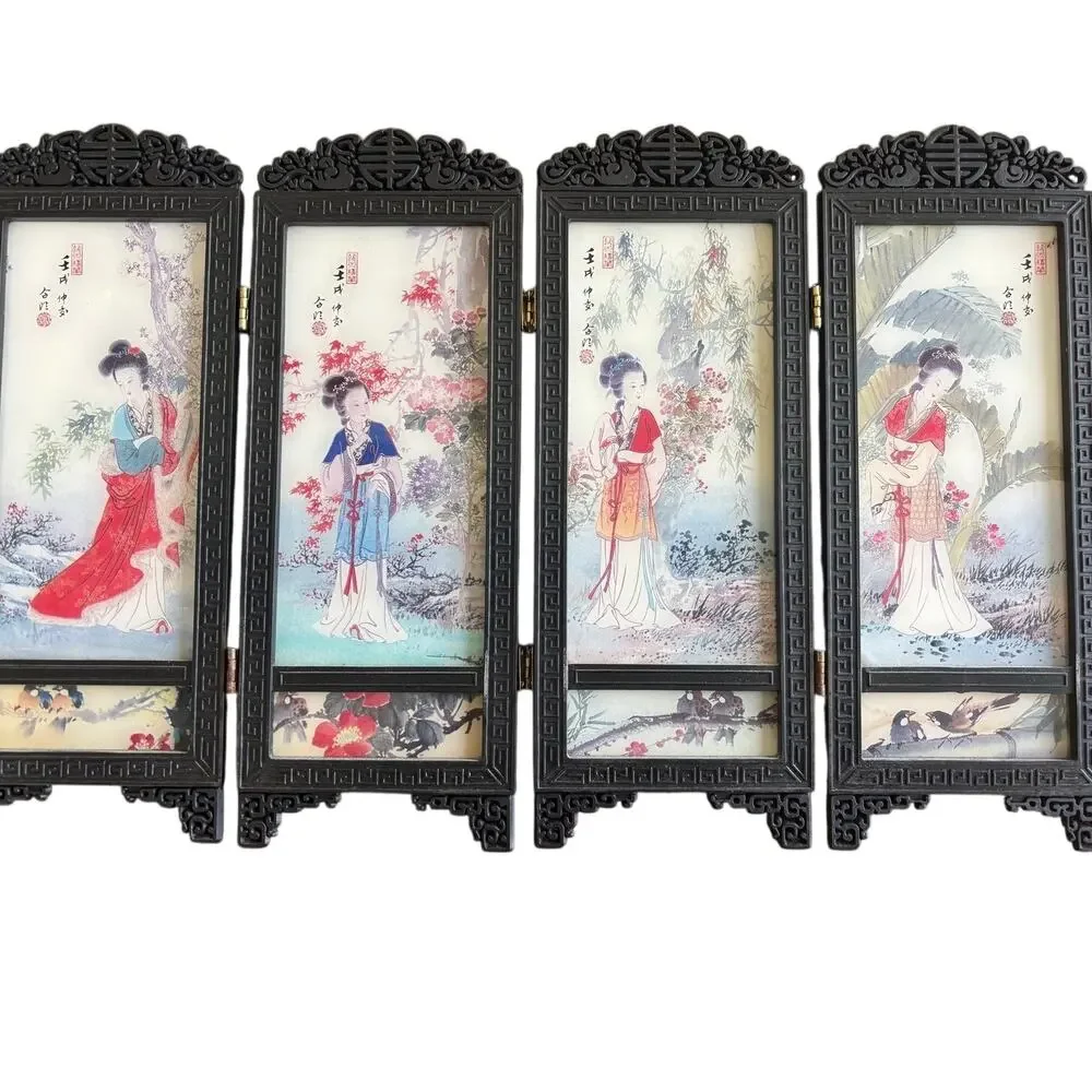 Vintage Dollhouse Miniature Asian 4 Panel Folding Screen
